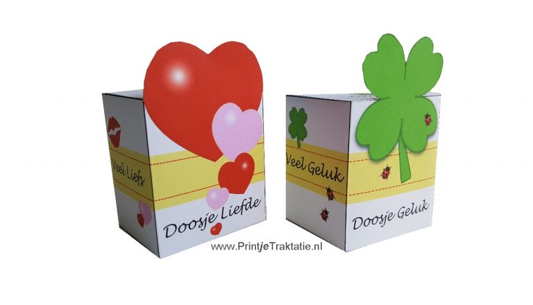 Doosje Liefde met hartjes en doosje Geluk met een klavertje vier