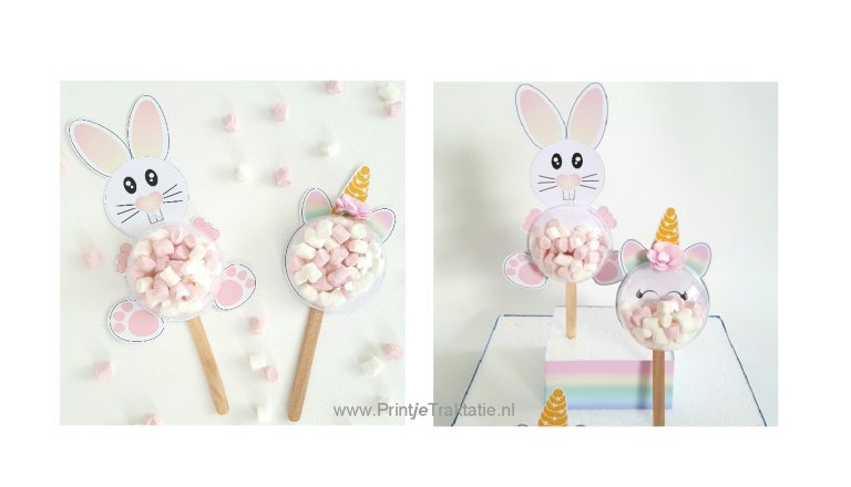 Unicorn en konijntje op een ijsstokje, gevuld met spekjes