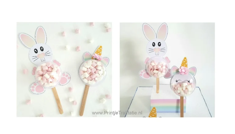 Unicorn en konijntje op een ijsstokje, gevuld met spekjes